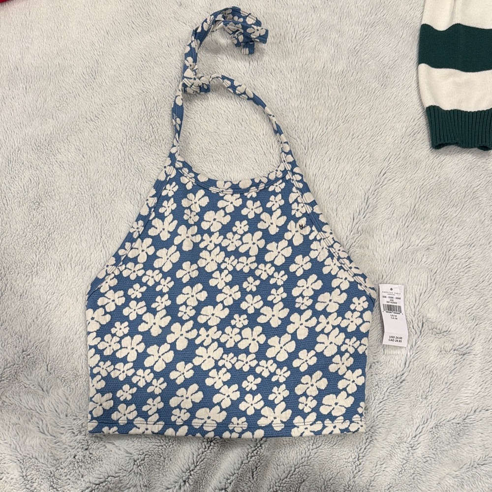 American Eagle Outfitters Blue and White Floral Crop Top